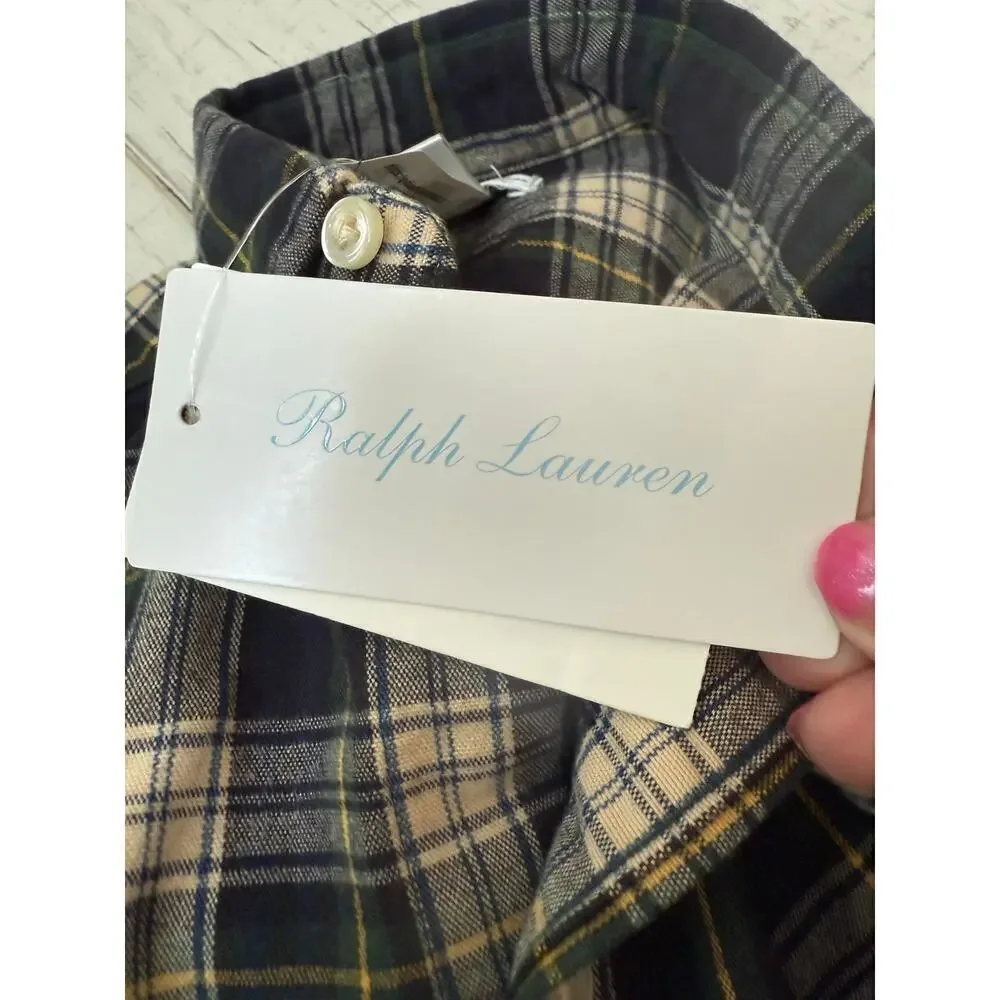 Ralph Lauren Baby Blue & Green  Cotton Plaid Brushed Oxford Shirt Size 9M